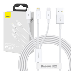 Kabel USB 3v1 Baseus Superior Series, USB na micro USB / USB-C / Lightning, 3,5 A, 1,2 m (bílý)