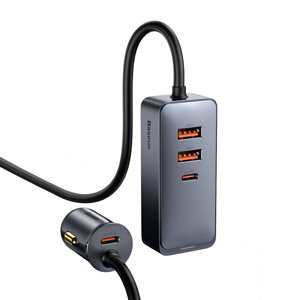 Nabíječka do auta Baseus Share Together s prodlužovacím kabelem, 2x USB, 2x USB-C, 120 W (šedá)