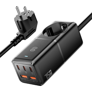 Wall charger, Essager, ECTAC-BRB01-Z, GaN, 3xUSB-C, 2xUSB-A, Gniazdko AC, 75W (black) 