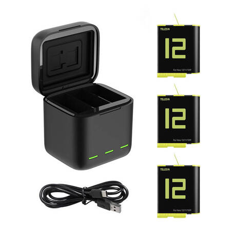 Box Telesin three-channel charger + 3 batteries for GoPro Hero 12 / 11 / 10 / 9 (GP-BNC-902-B)