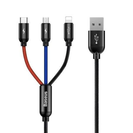 Kabel Baseus 3v1 USB-C / Lightning / Micro 3,5A 0,3m - černý