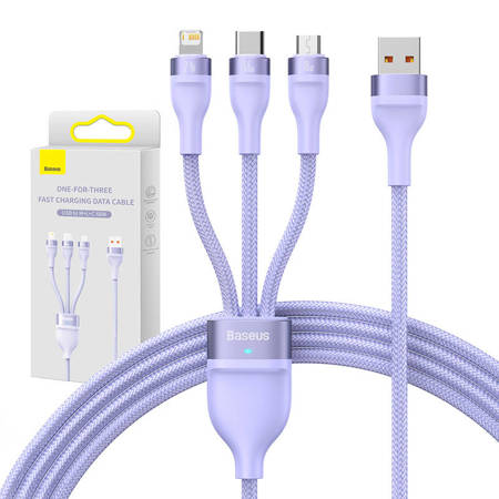 Kabel USB 3v1 řady Baseus Flash II, USB-C + micro USB + Lightning, 66 W, 1,2 m (fialový)