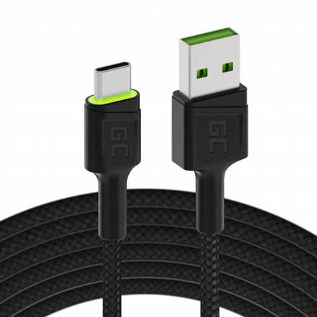 Kabel USB - USB-C Green Cell GC Ray, 120 cm, zelená LED, s funkcí Ultra Charge, QC 3.0