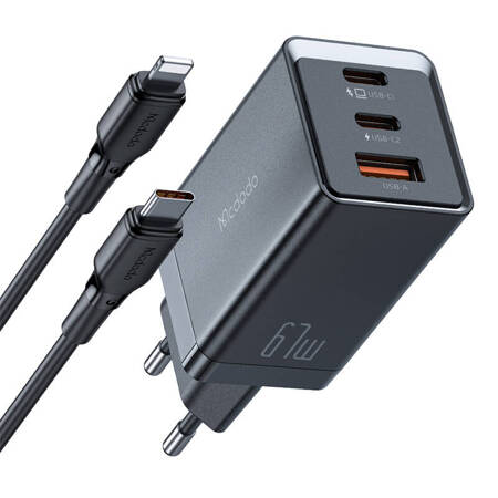 Mcdodo CH-1544 GaN síťová nabíječka, 2x USB-C, 1x USB, 67 W + kabel USB-C na USB-C (černá)