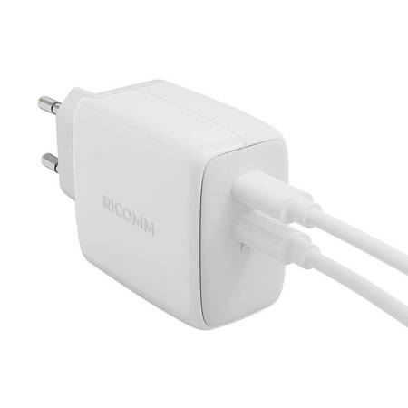 Nástěnná nabíječka 65W GaN Ricomm RC652 EU, 2xUSB-C + 2,1m kabel USB-C