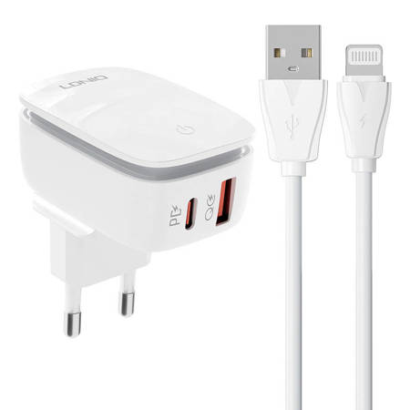 Nástěnná nabíječka LDNIO A2425C USB, USB-C + kabel Lightning