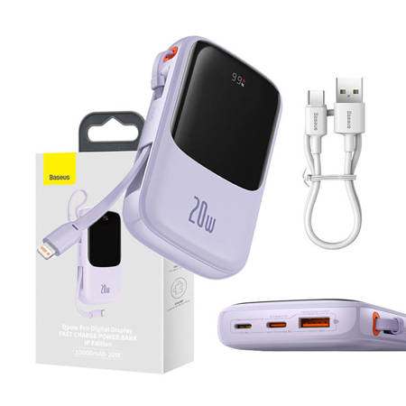 Powerbanka Baseus Qpow Pro s kabelem Lightning, USB-C, USB, 10000 mAh, 20 W (fialová)