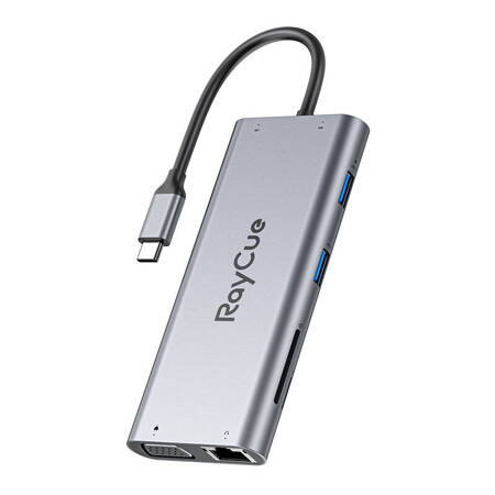 Rozbočovač 11w1 RayCue USB-C do 2x USB-A 2.0 480Mb/s + 3x USB-A 3.2 5Gb/s + SD/TF 3.0 + HDMI 4K30Hz + VGA 1080p + RJ45 + PD 3.0 100W (sary)