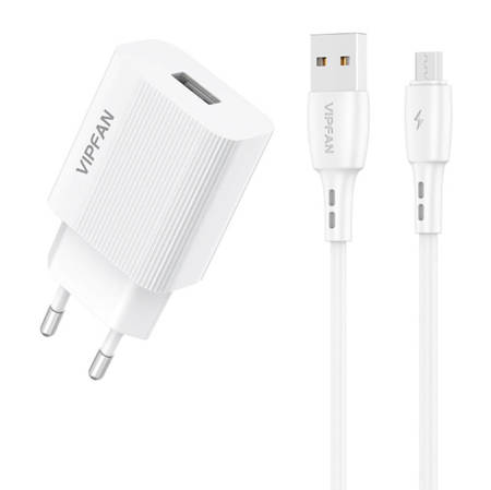 Síťová nabíječka VFAN E01, 1x USB, 2,4A + kabel Micro USB (bílý)