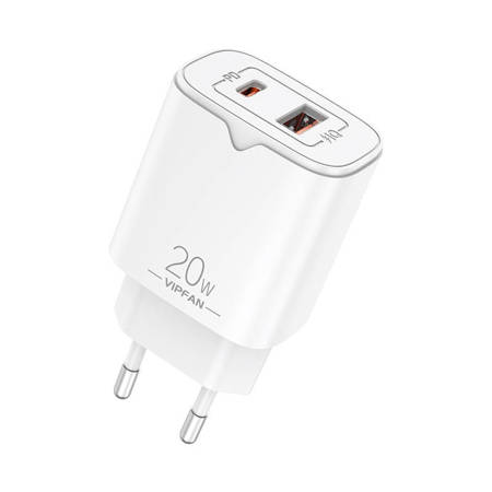 Síťová nabíječka VFAN E08, USB + USB-C, 20W PD + QC 3.0 (bílá)